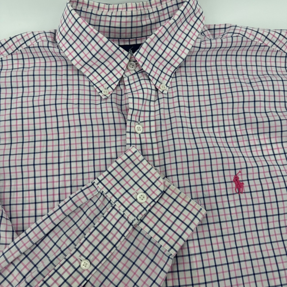 Ralph Lauren Mens Classic Fit Tattersall Shirt Pink Navy Blue White Large L